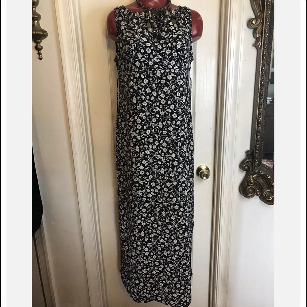 VINTAGE 90'S MONSTER GIRL BLACK/WHITE FLORAL MAXI DRESS SIZE LARGE L -SLEEVELESS